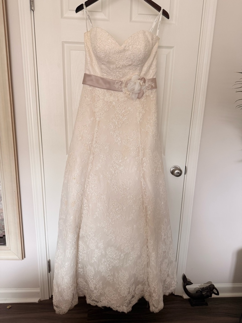 Strapless Ivory Lace Wedding Dress with Satin Sash